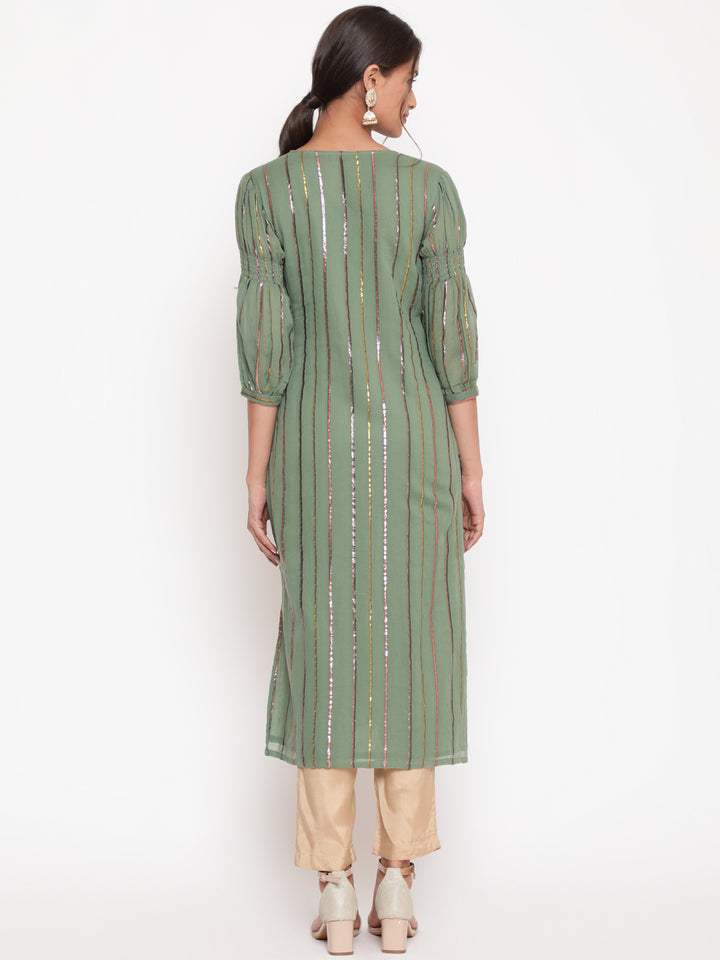 Woman posing in Olive Green Cotton Lurex Straight Kurta