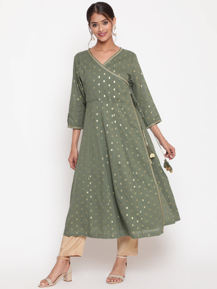 Woman posing in Olive Green Cotton Lurex Angrakha Kurta
