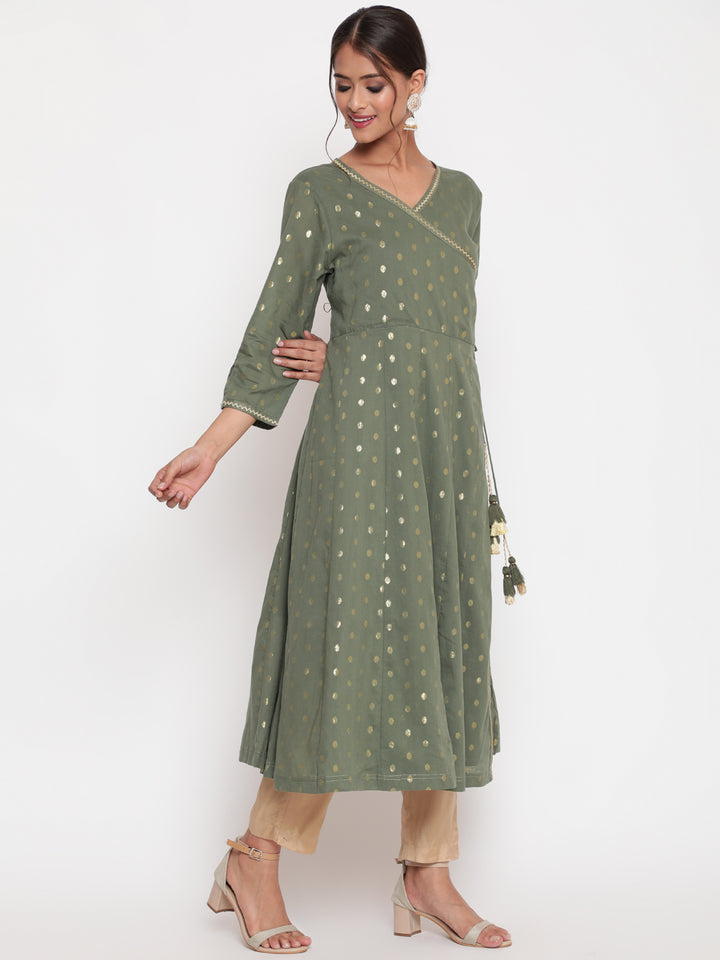 Woman posing in Olive Green Cotton Lurex Angrakha Kurta