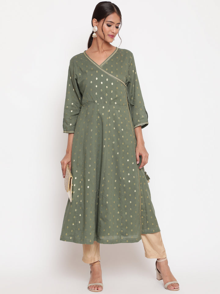 Woman posing in Olive Green Cotton Lurex Angrakha Kurta