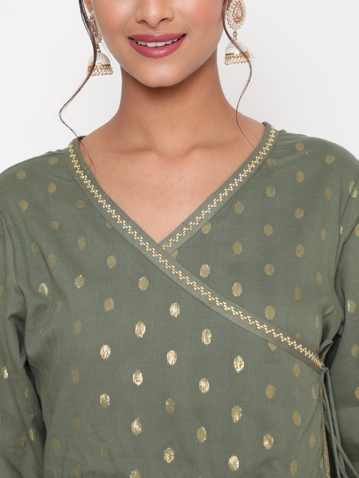 Woman posing in Olive Green Cotton Lurex Angrakha Kurta