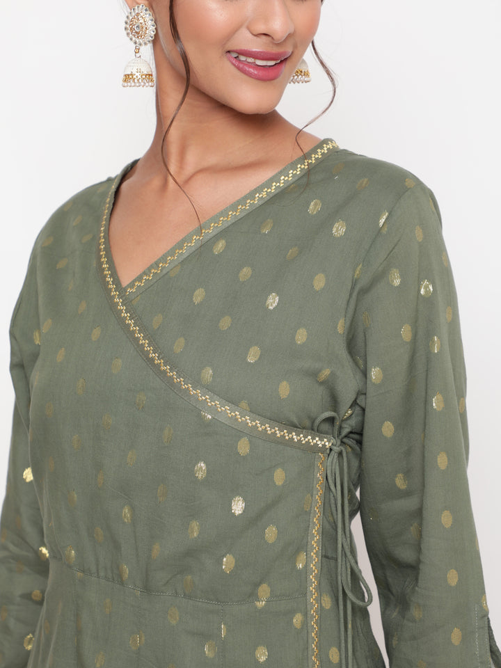 Woman posing in Olive Green Cotton Lurex Angrakha Kurta