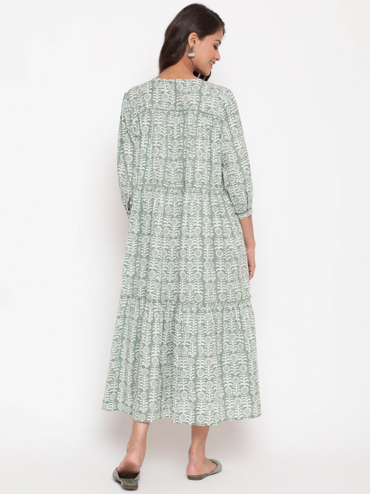 Woman posing in Savi's Cotton Printed Pintuck Yoke Teared Dress