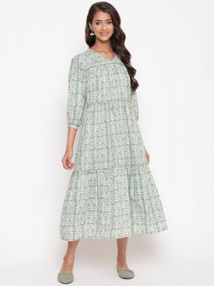 Woman posing in Savi's Cotton Printed Pintuck Yoke Teared Dress