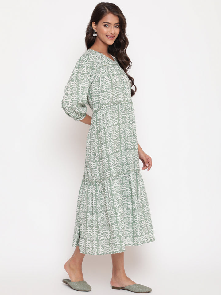 Woman posing in Savi's Cotton Printed Pintuck Yoke Teared Dress