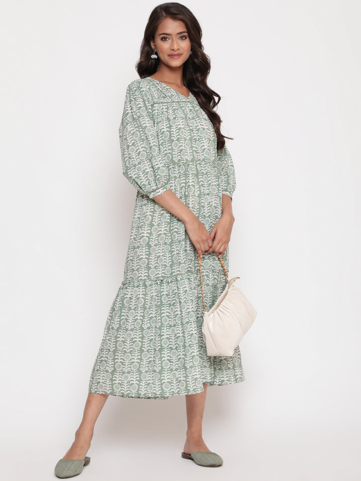 Woman posing in Savi's Cotton Printed Pintuck Yoke Teared Dress