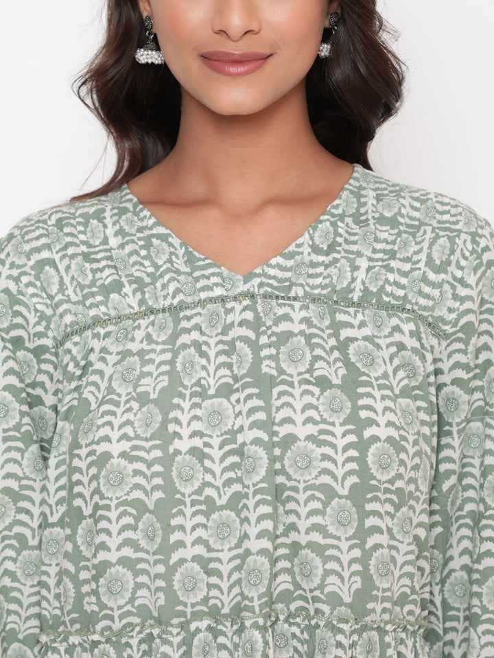 Woman posing in Savi's Cotton Printed Pintuck Yoke Teared Dress