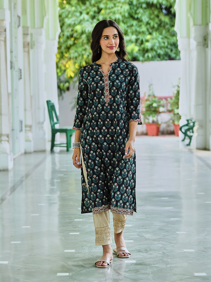 Black Cotton Bagru Printed Straight Kurta
