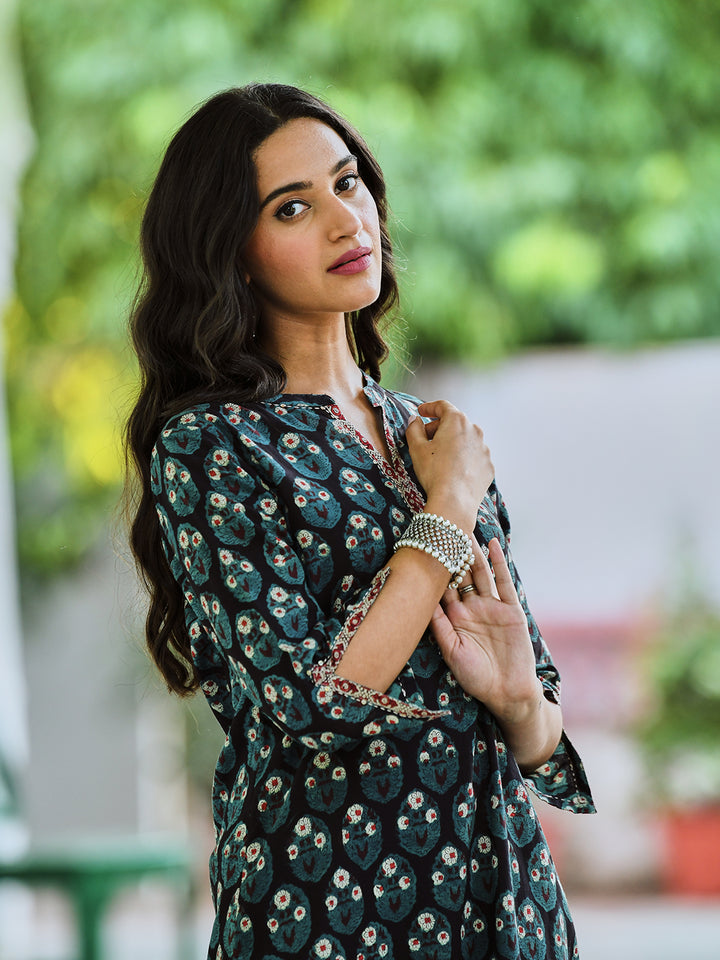 Black Cotton Bagru Printed Straight Kurta