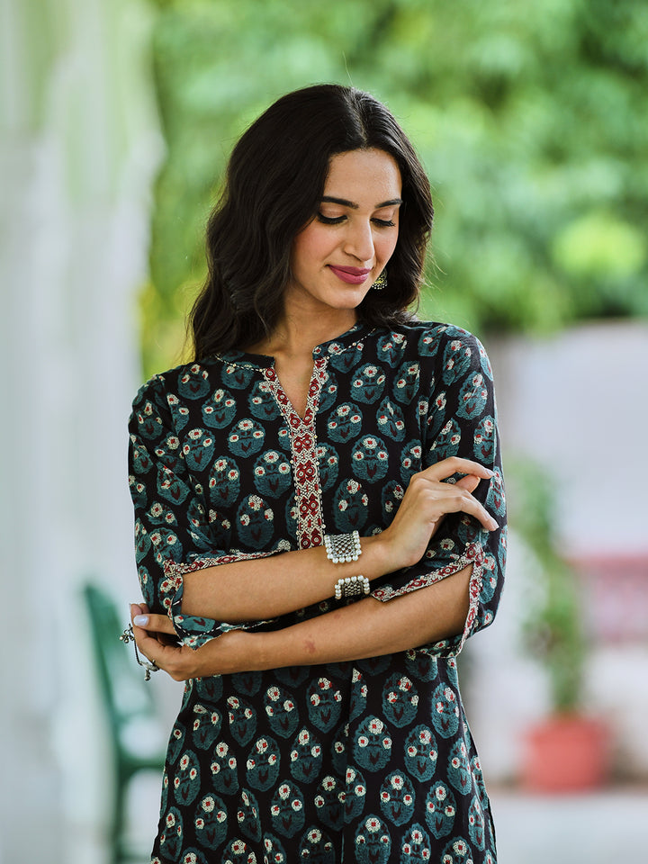 Black Cotton Bagru Printed Straight Kurta
