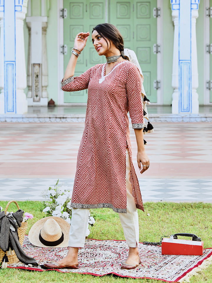 Rust Cotton Bagru Printed Straight Kurta