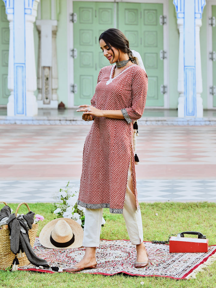 Rust Cotton Bagru Printed Straight Kurta
