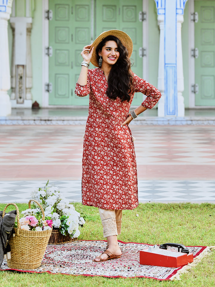 Rust Cotton Printed Straight Kurta