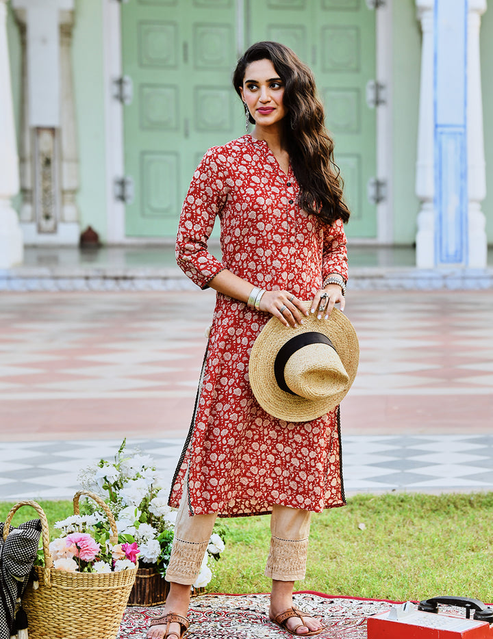Rust Cotton Printed Straight Kurta
