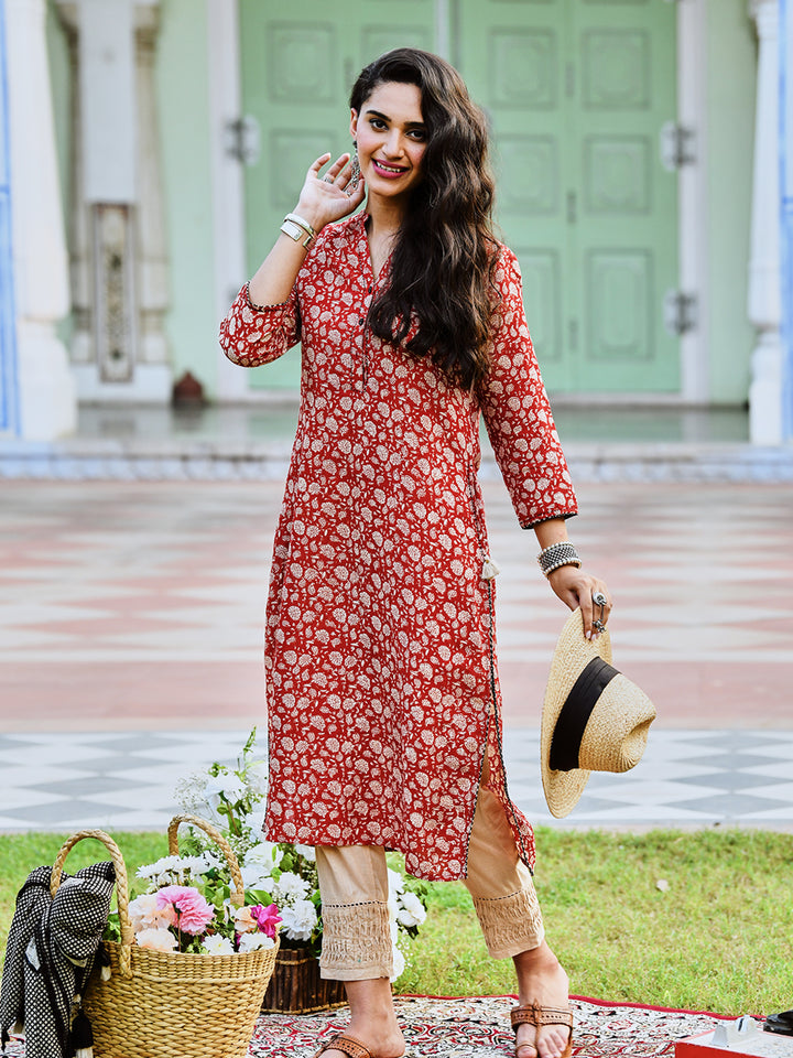 Rust Cotton Printed Straight Kurta