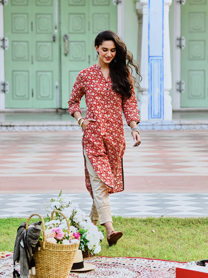 Rust Cotton Printed Straight Kurta