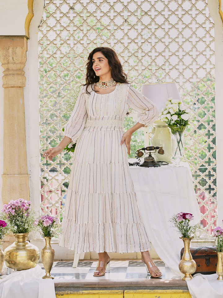 Off White Cotton Lurex Designer Tiered Dress