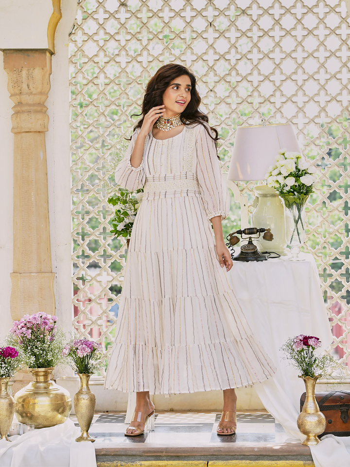 Off White Cotton Lurex Designer Tiered Dress