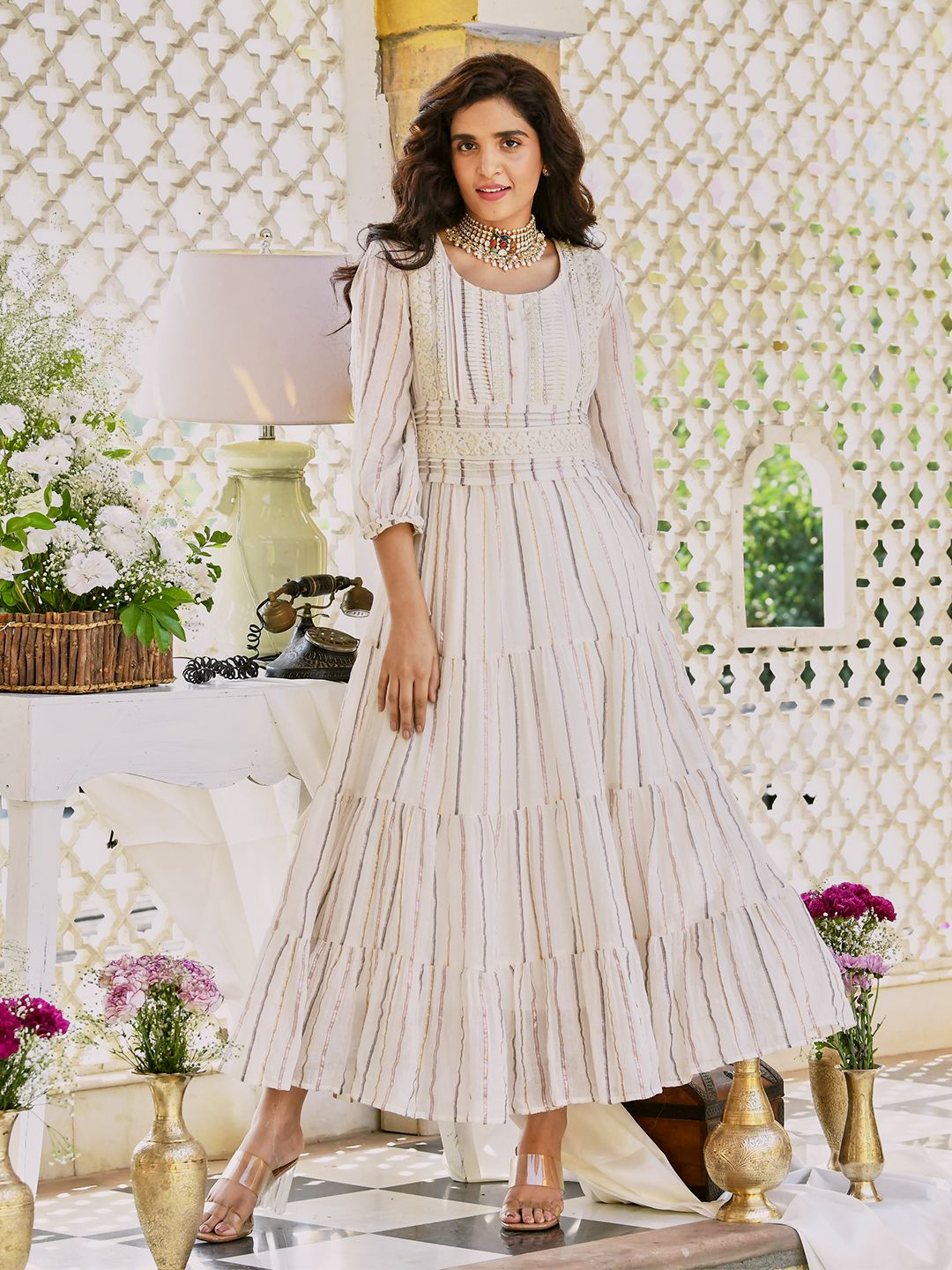 Off White Cotton Lurex Designer Tiered Dress – Savi India