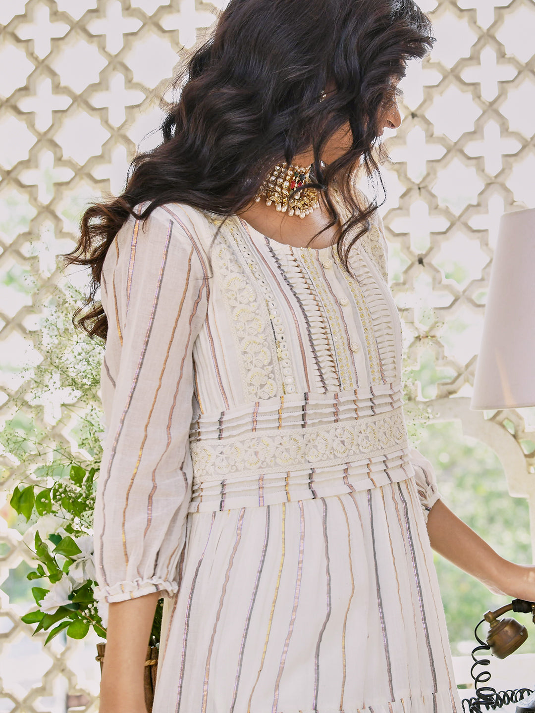 Off White Cotton Lurex Designer Tiered Dress