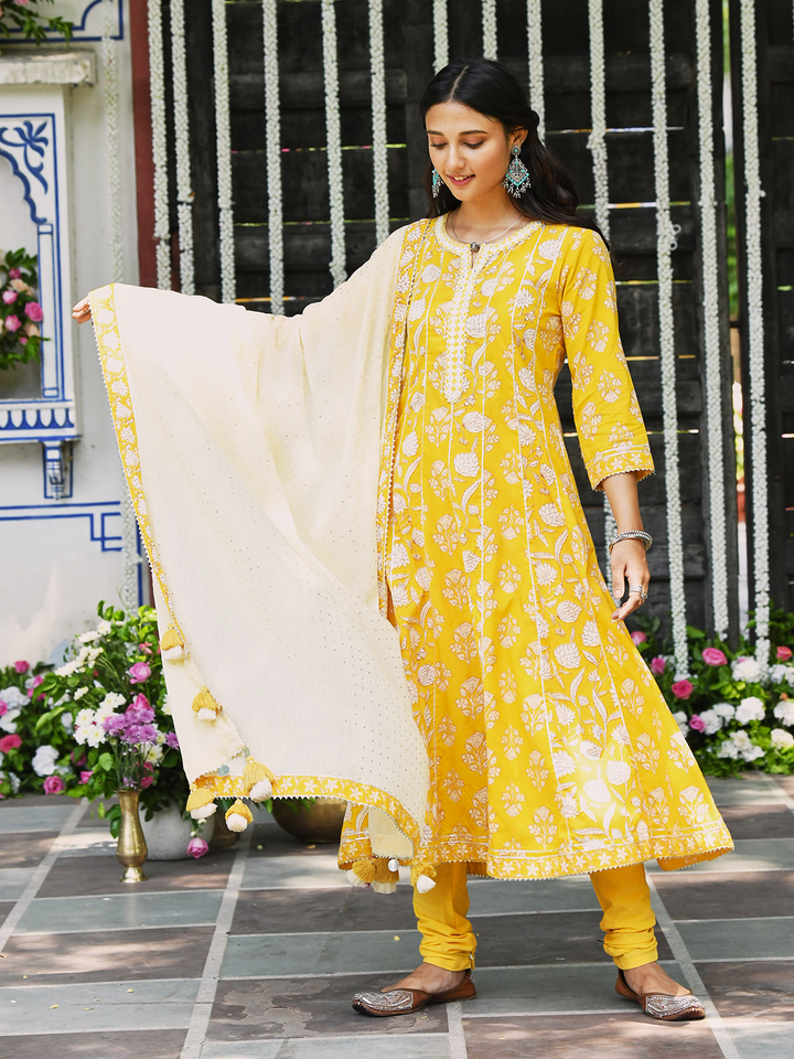 Mustard Yellow Block Printed Cotton Anarkali Suit Set