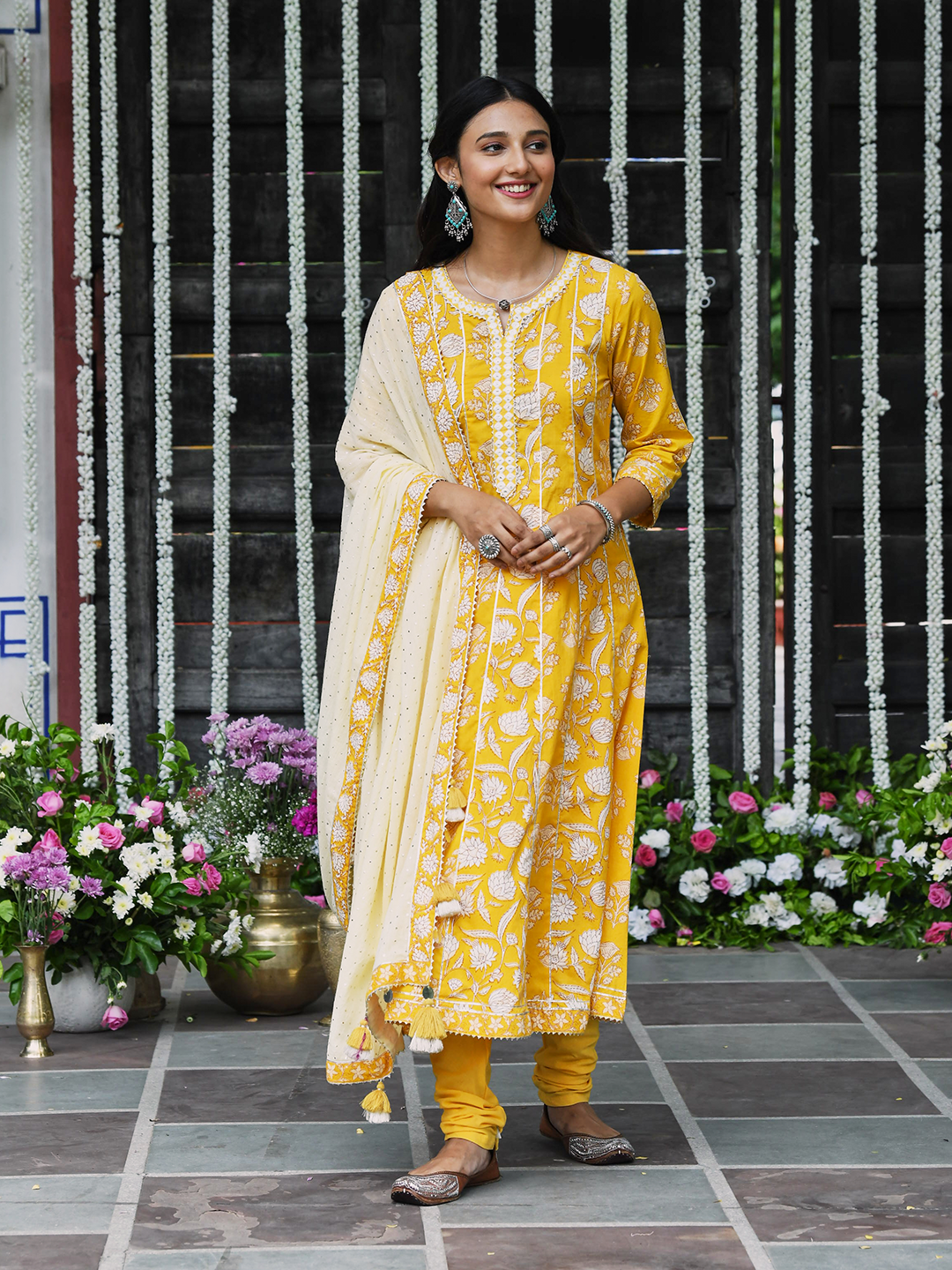 Mustard Yellow Block Printed Cotton Anarkali Suit Set