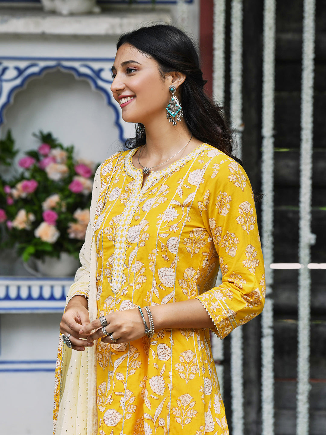 Mustard Yellow Block Printed Cotton Anarkali Suit Set