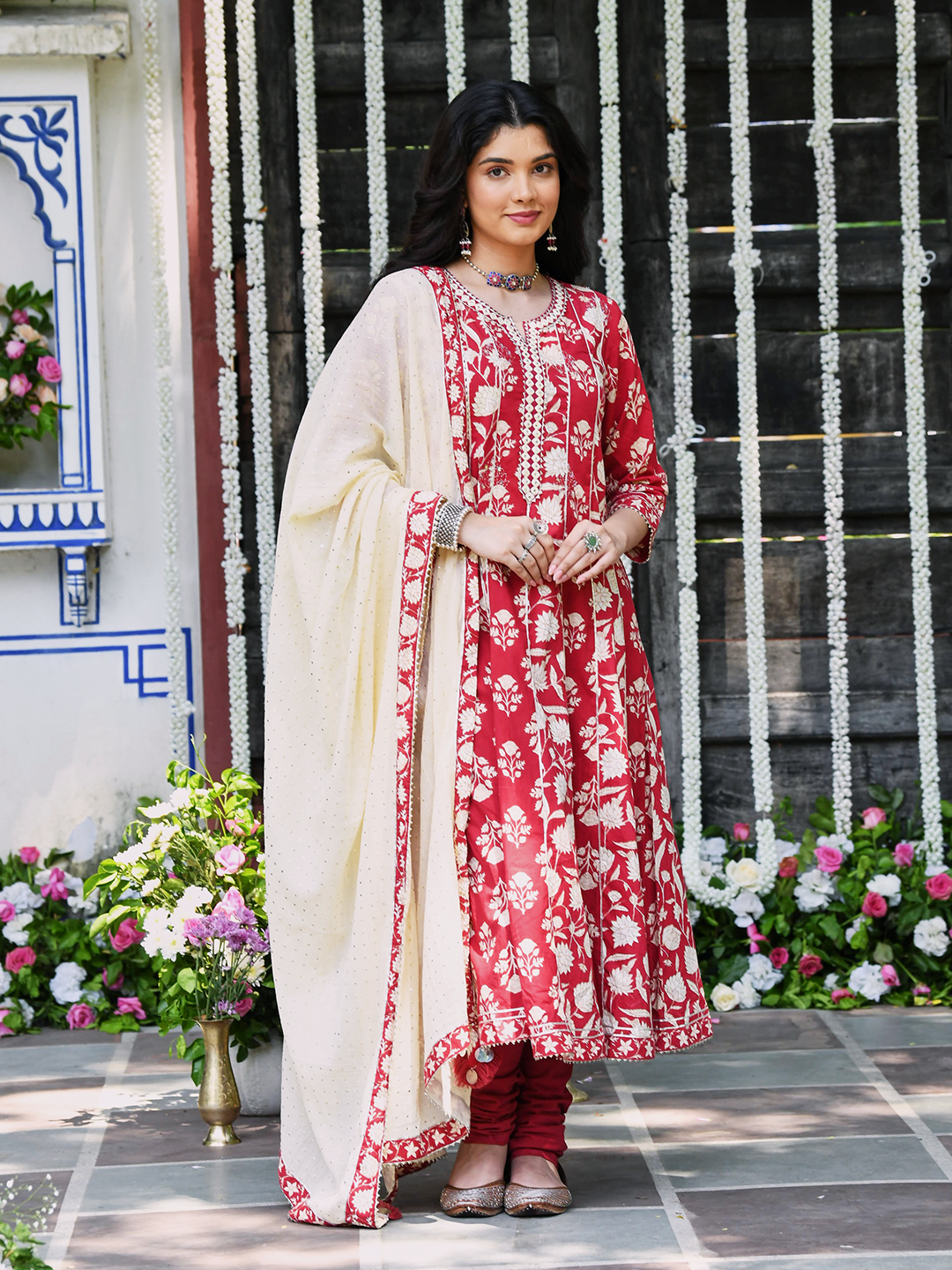 Red Block Printed Cotton AnarKali Suit Set