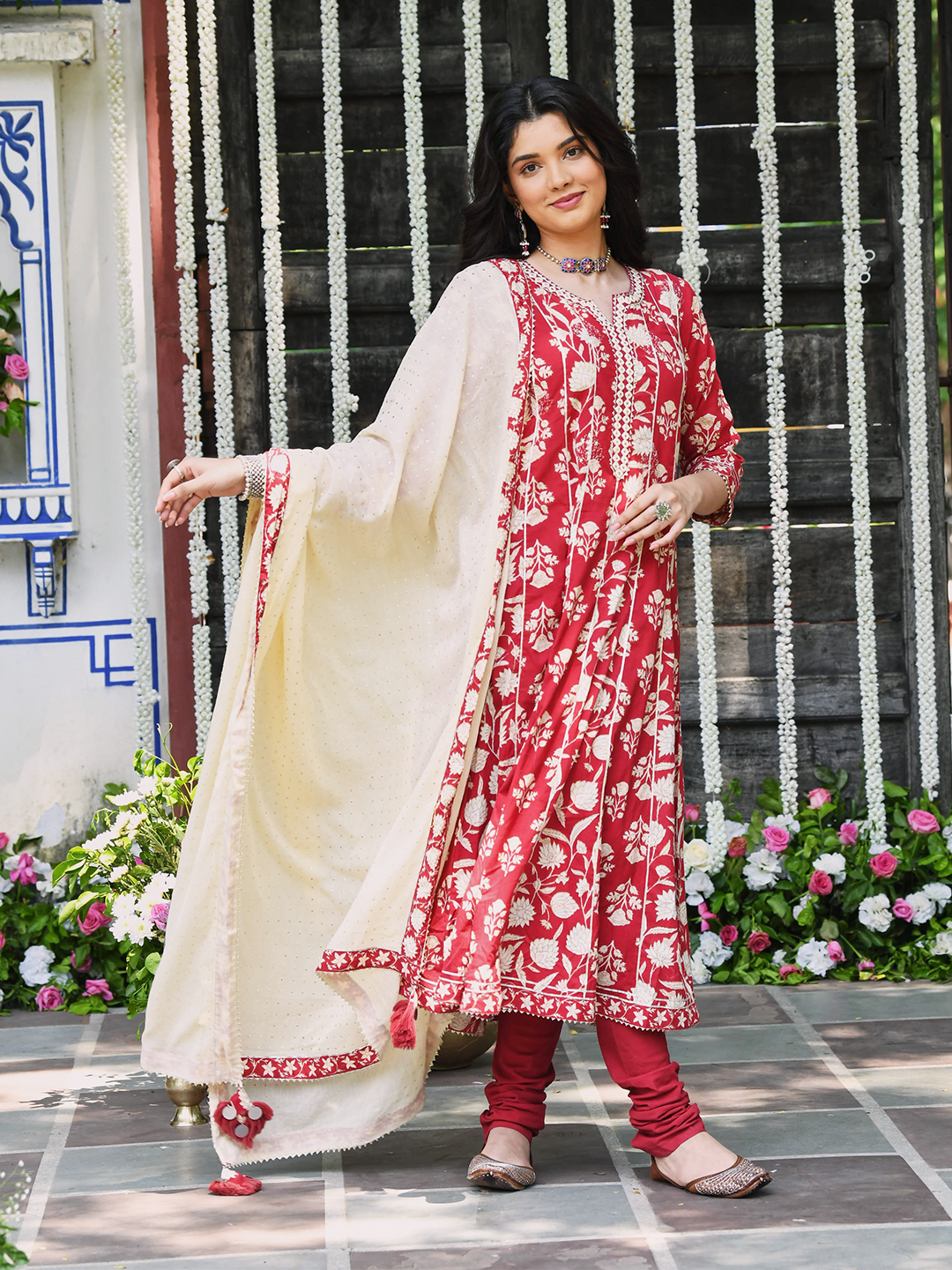 Red Block Printed Cotton AnarKali Suit Set