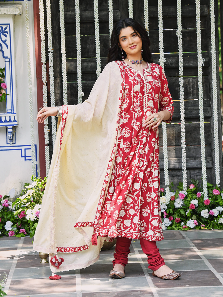 Red Block Printed Cotton AnarKali Suit Set