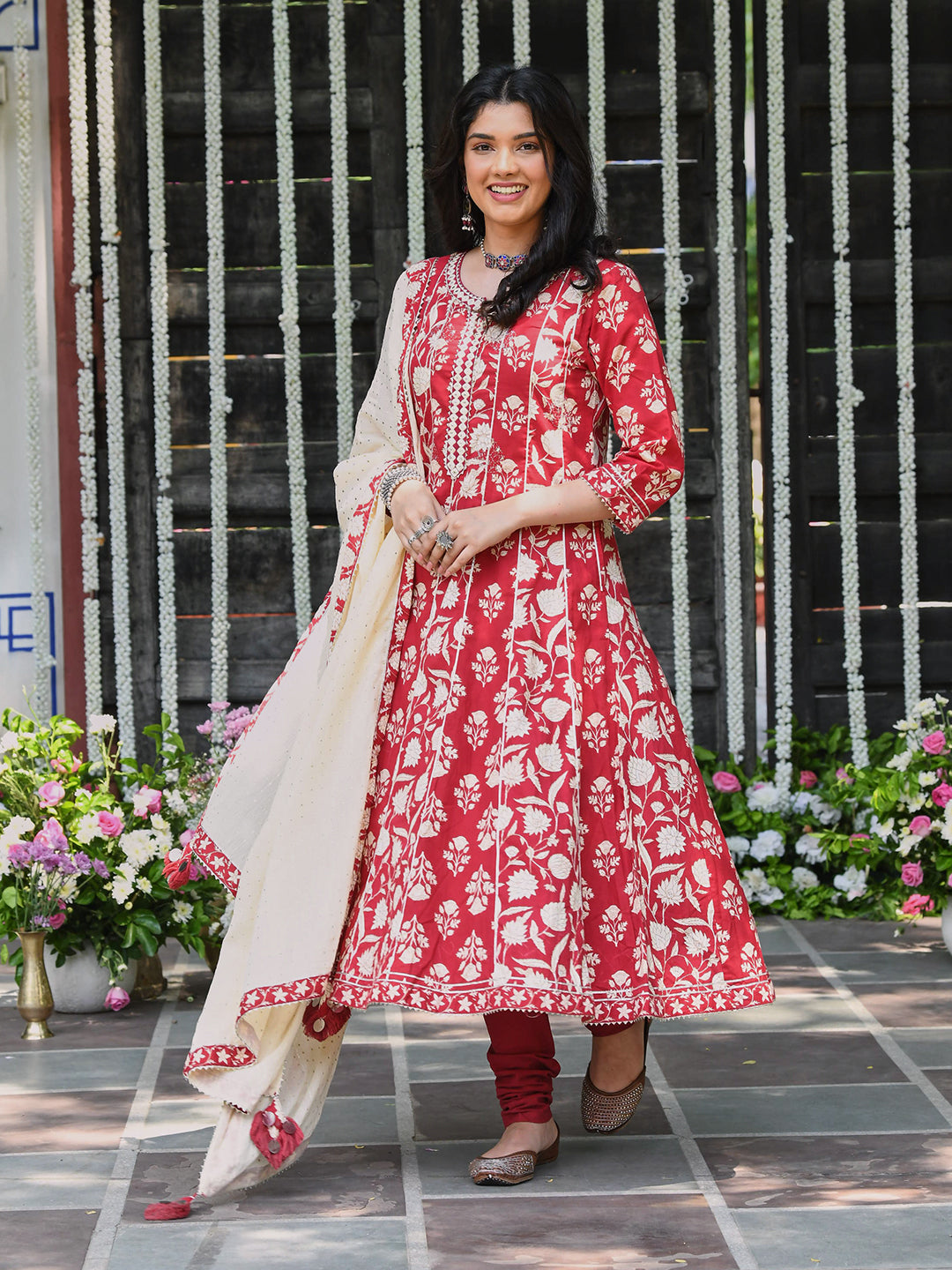 Red Block Printed Cotton AnarKali Suit Set