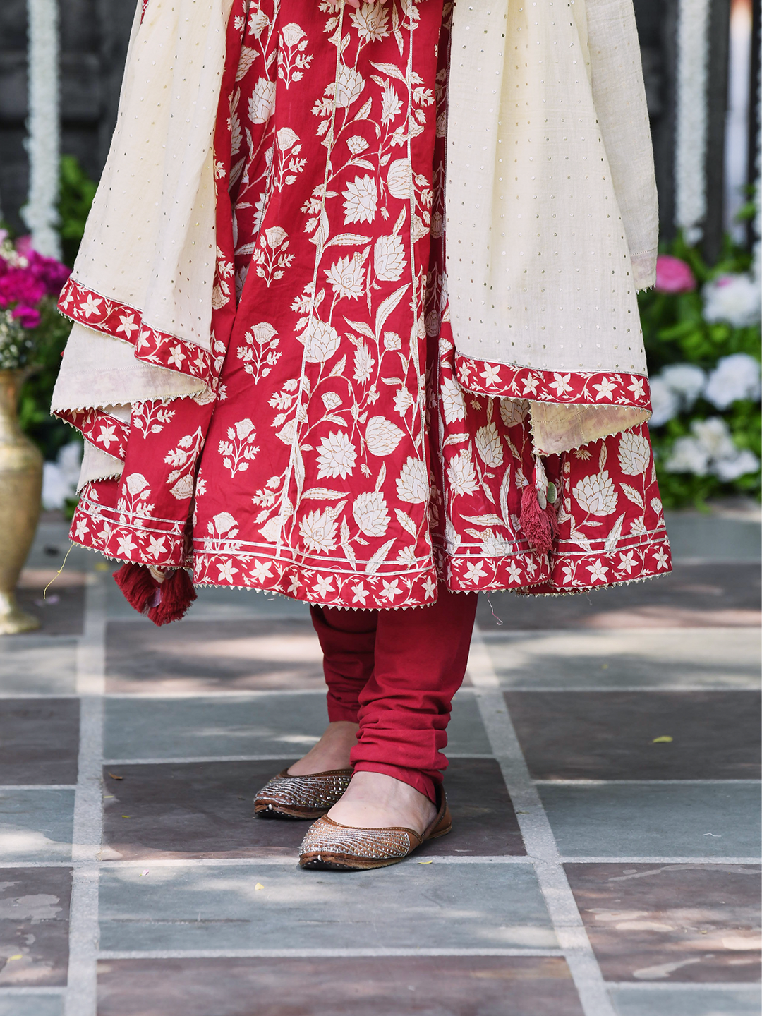 Red Block Printed Cotton AnarKali Suit Set
