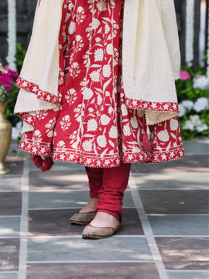 Red Block Printed Cotton AnarKali Suit Set