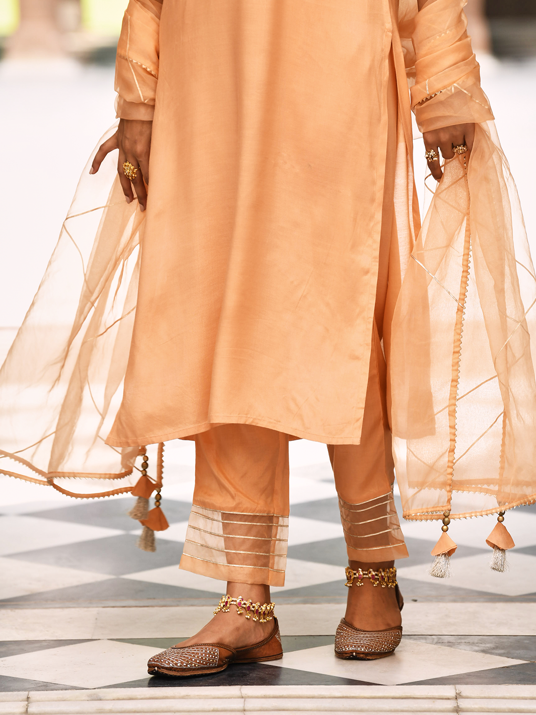 Peach Zari Embroidered Kurta Pant Set With Organza Dupatta