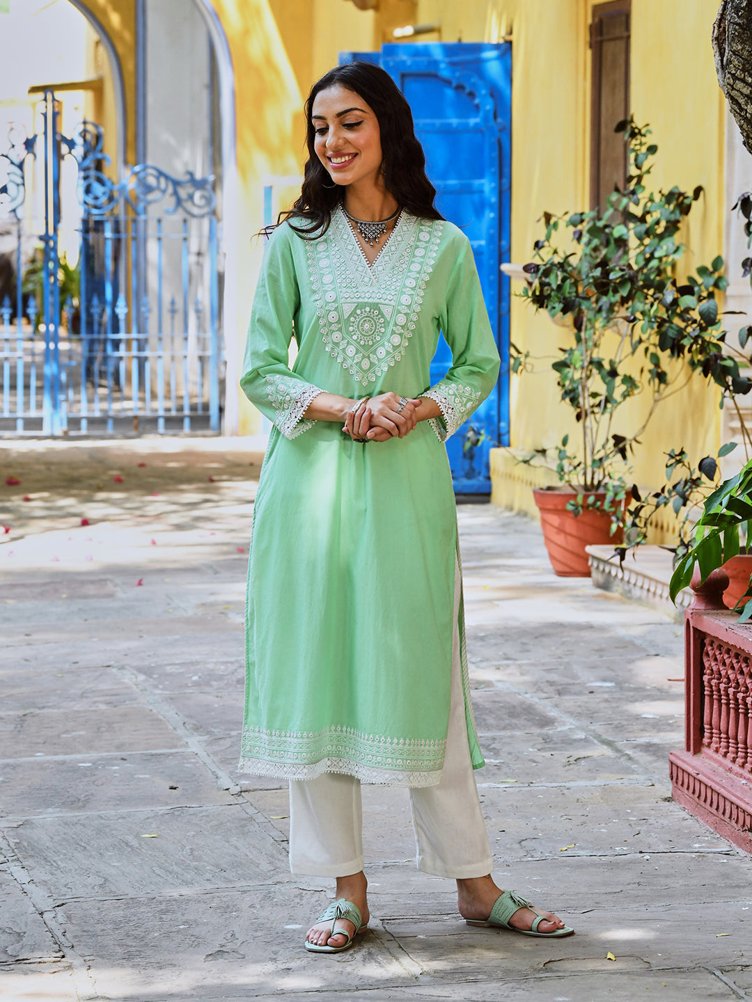Mint Green Cotton Embroidered Straight Kurta