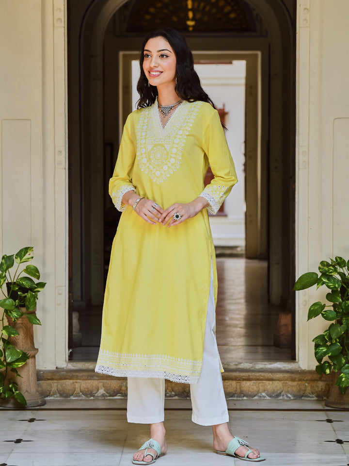 Melon Yellow Cotton Embroidered Straight Kurta