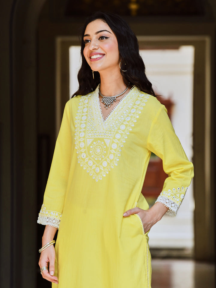 Melon Yellow Cotton Embroidered Straight Kurta