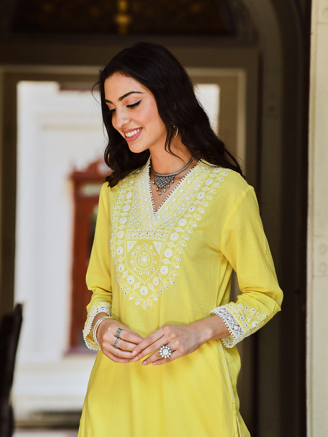 Melon Yellow Cotton Embroidered Straight Kurta