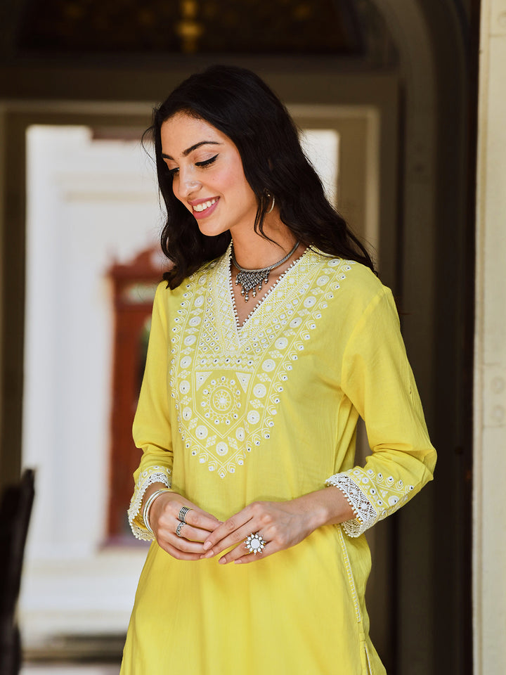Melon Yellow Cotton Embroidered Straight Kurta
