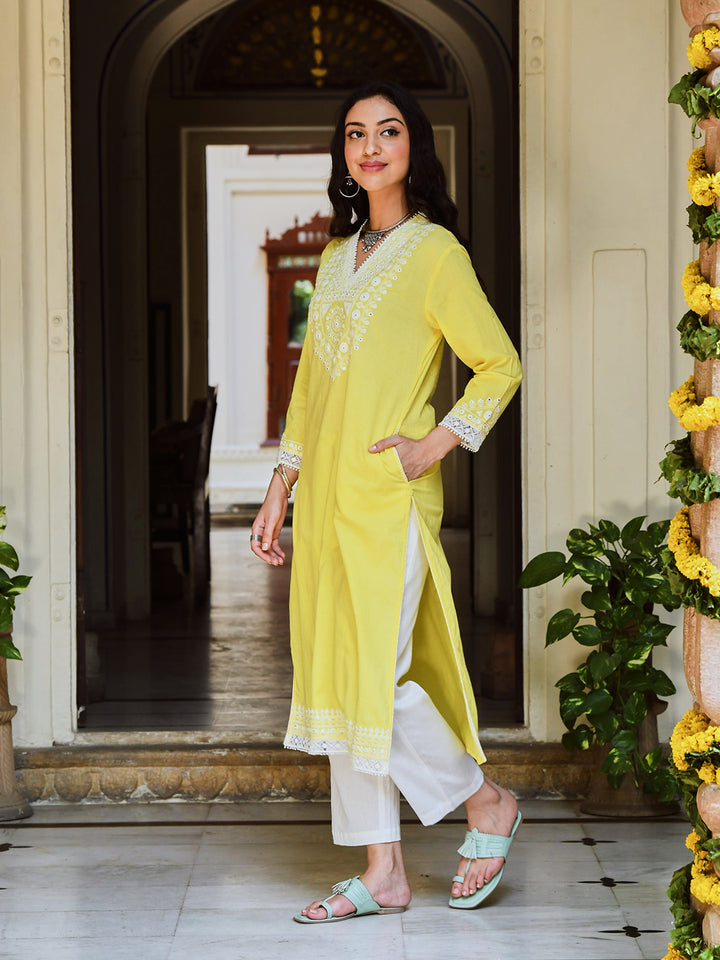 Melon Yellow Cotton Embroidered Straight Kurta