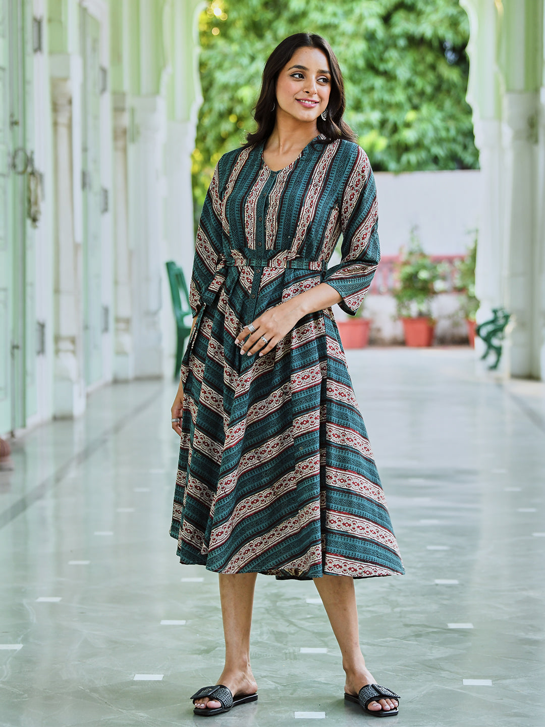 Green Cotton Printed Tie Up Dress