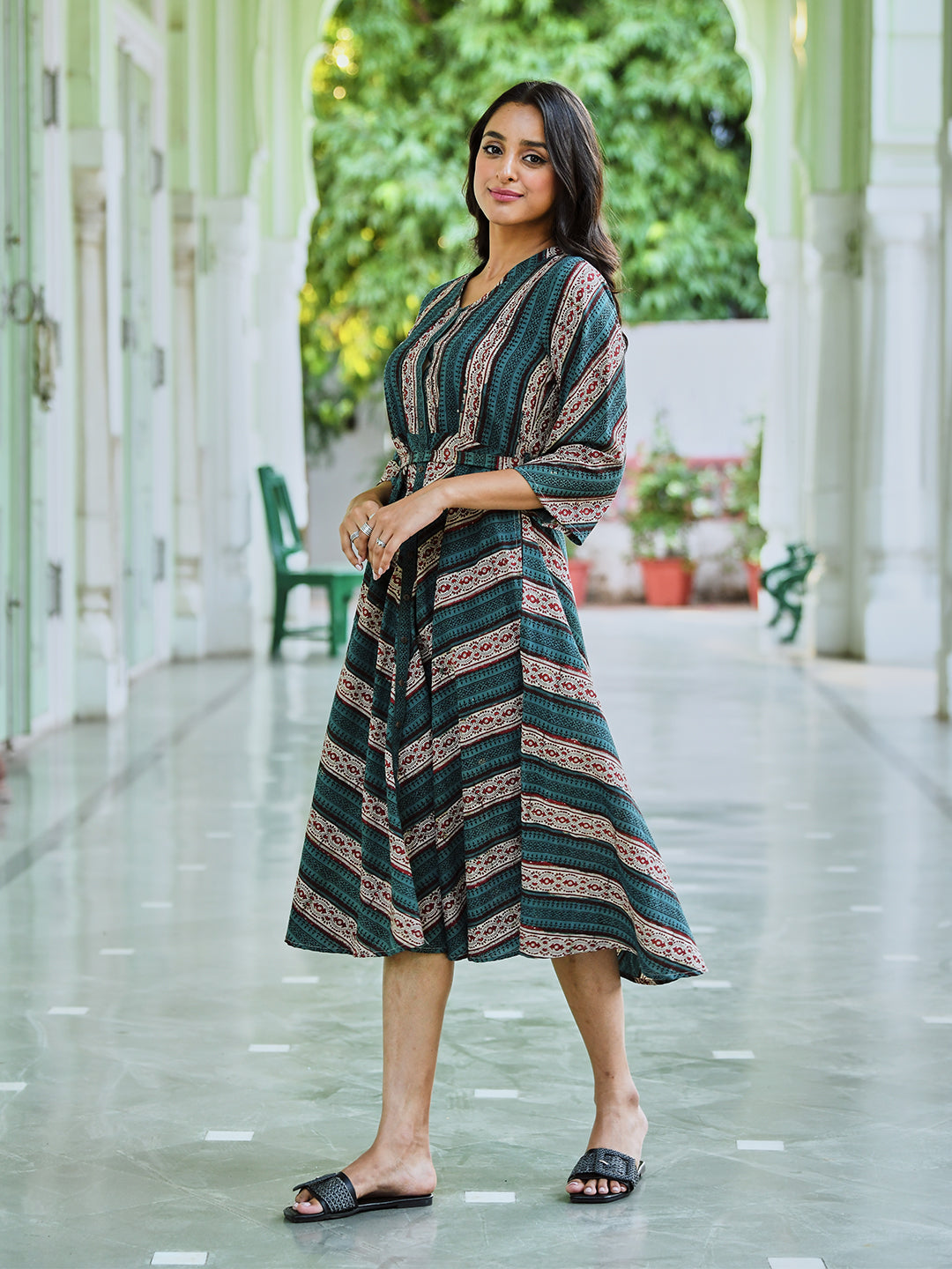 Green Cotton Printed Tie Up Dress