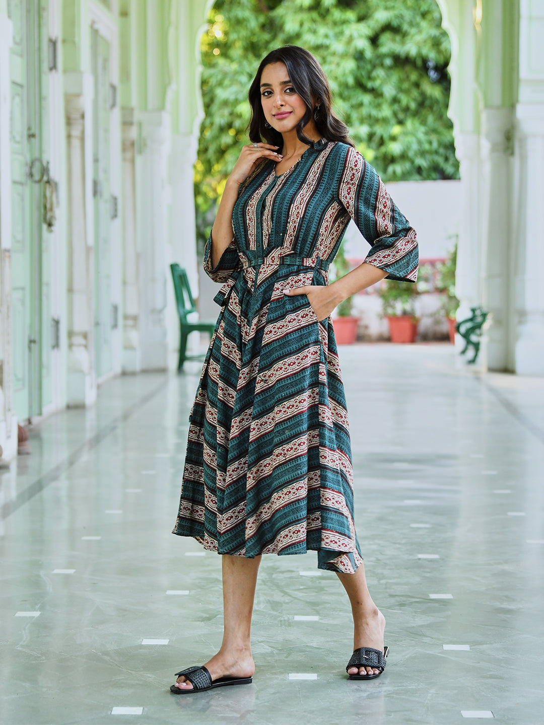 Green Cotton Printed Tie Up Dress
