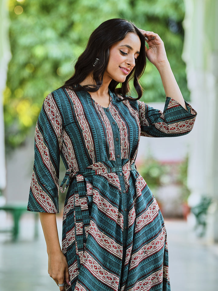 Green Cotton Printed Tie Up Dress