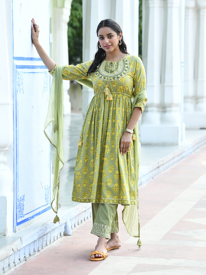 Green Printed Flared Kurta Suit Set