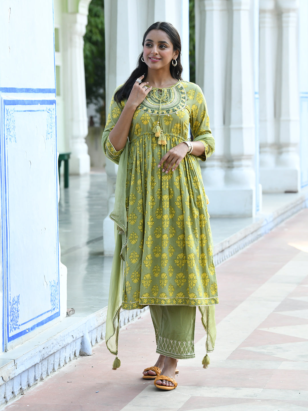 Green Printed Flared Kurta Suit Set