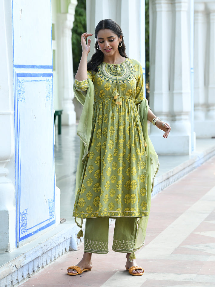Green Printed Flared Kurta Suit Set