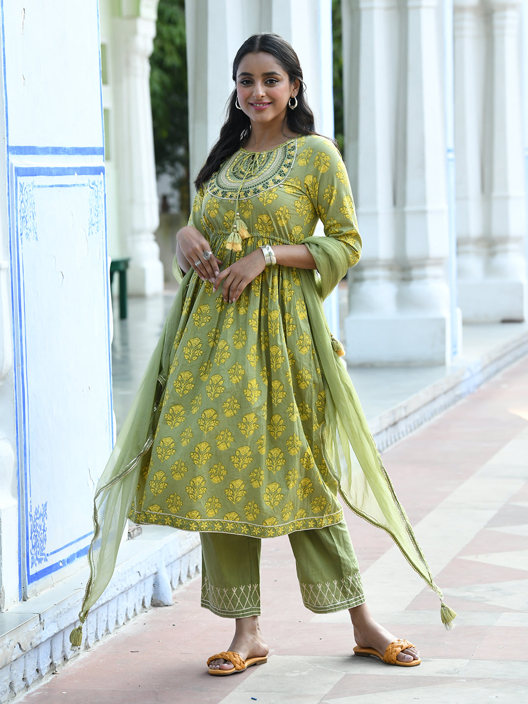Green Printed Flared Kurta Suit Set