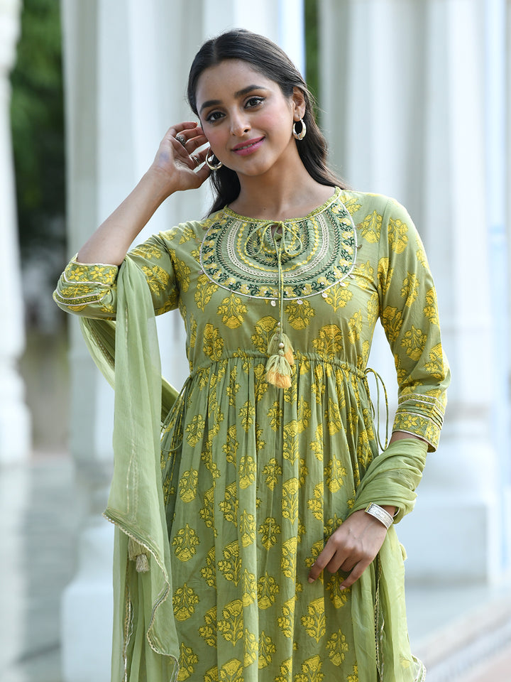 Green Printed Flared Kurta Suit Set