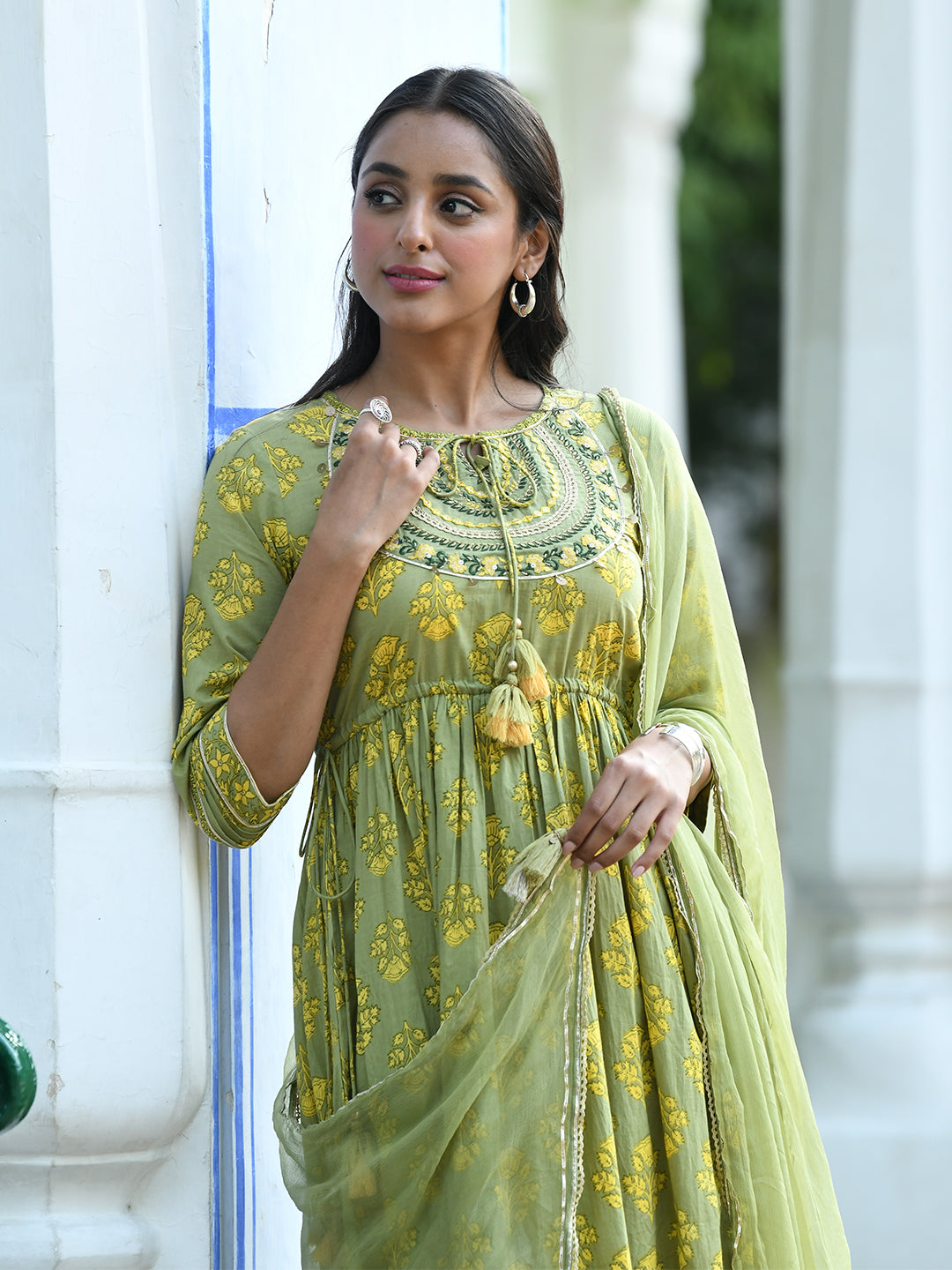 Green Printed Flared Kurta Suit Set